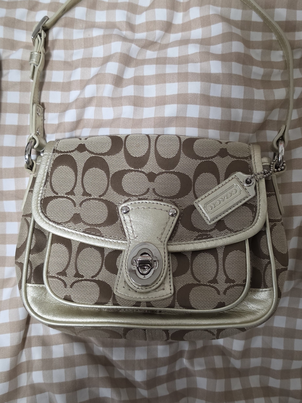 Coach Signature Jacquard Crossbody in Gold and Brown